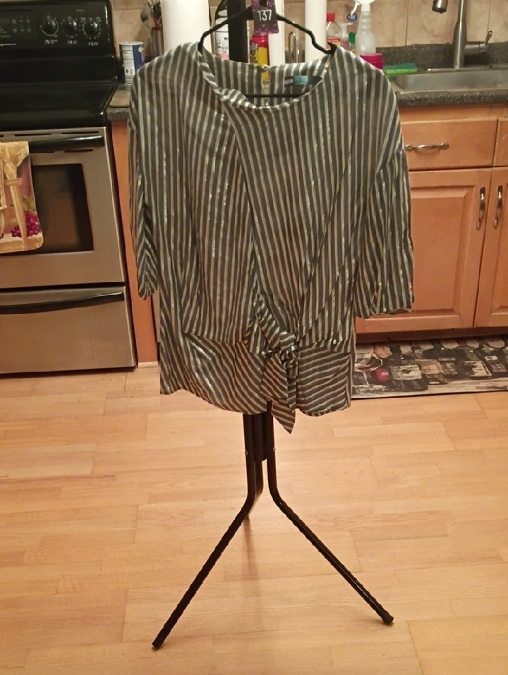 Eva Franco Blue and White Striped Knot-Front Blouse